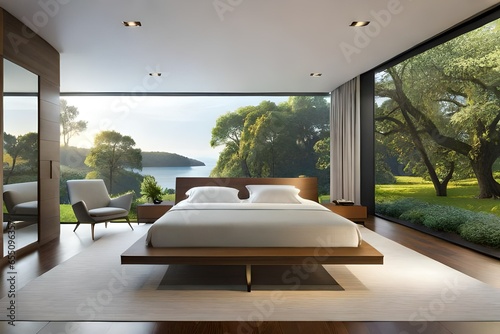 A modern bedroom with a panoramic window overlooking a serene garden © Ai Studio
