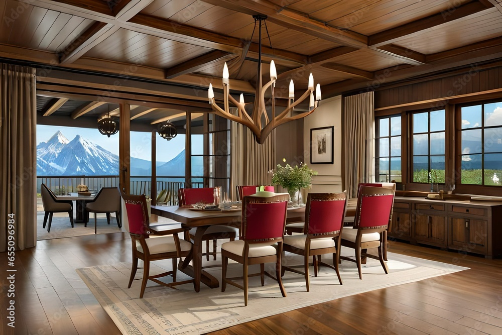 A cozy log cabin dining room with a roaring fireplace, antler chandeliers, and a long wooden table set with hearty comfort food.