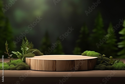Round wood podium with grass and plants in the background for product display generative by ai