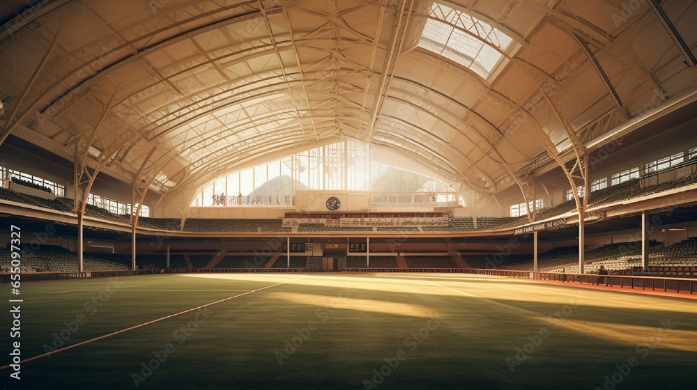 a view of a cricket stadium indoors.