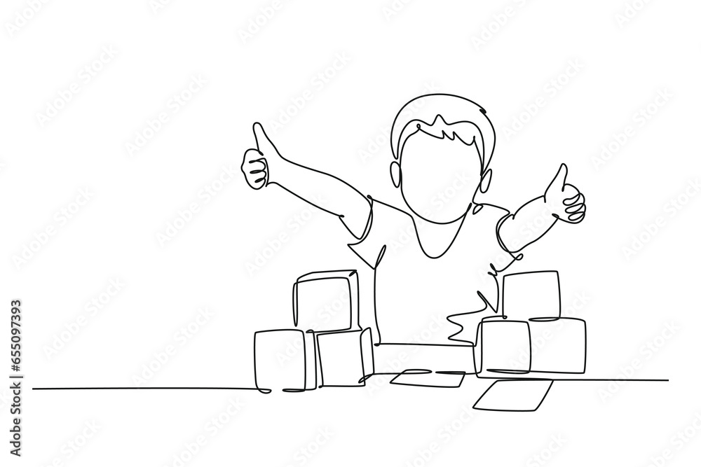 Single one line drawing young happy little boy playing stack of puzzle block on table and giving thumbs up gesture in kindergarten class. Modern continuous line draw design graphic vector illustration Single one line drawing young happy little boy playing stack of puzzle block on table and giving thumbs up gesture in kindergarten class. Modern continuous line draw design graphic vector illustration