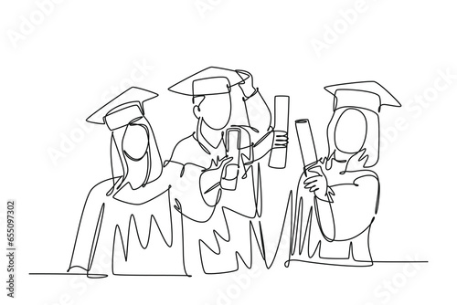 Continuous one line drawing group of young happy graduate male and female college student wearing gown and holding diploma certificate paper. Education. Single line design vector graphic illustration