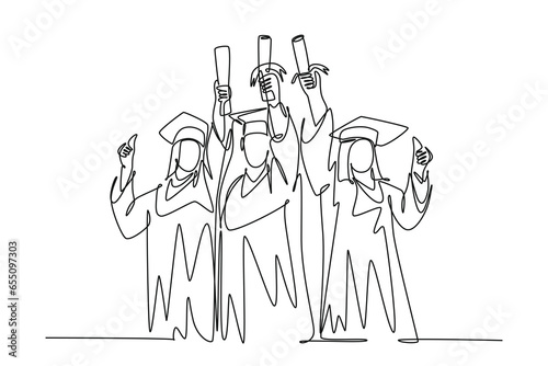 Continuous one line drawing group of happy graduate male and female college student wearing gown and lifting diploma certificate paper up into the air. Single line design vector graphic illustration