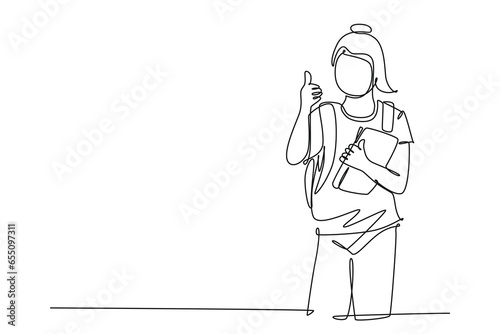 Single continuous line drawing young beauty junior high school girl student holding book and school bag and gives thumbs up gesture. Education concept. One line draw graphic design vector illustration