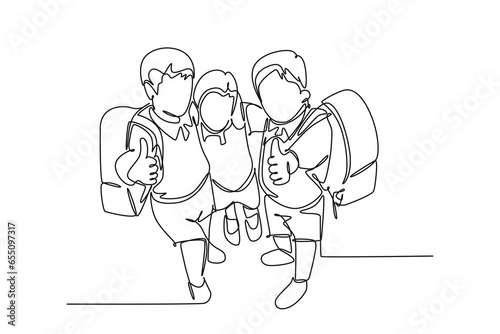 Single continuous line drawing group of happy boy and girl elementary school student carrying school bag and giving thumbs up gesture. Kids education. One line draw graphic design vector illustration