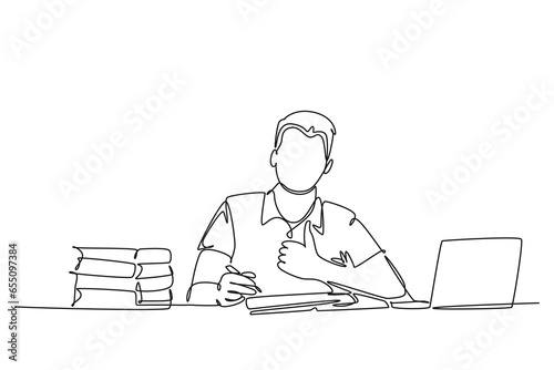 Single one line drawing young happy male college student studying and reading stack of books in library while give thumbs up gesture. Education. Continuous line draw design graphic vector illustration
