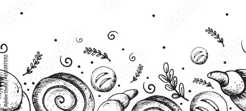 Vector hand-drawn illustration of a border in a graphic style. Fresh croissant, bread, bun. Vector hand-drawn vintage engraving illustration hand-drawn, for poster, label and menu bakery, cafe.