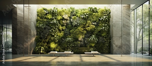 Spacious room with a wall covered with lush plants. Integration of natural elements in modern architecture. 3D rendering