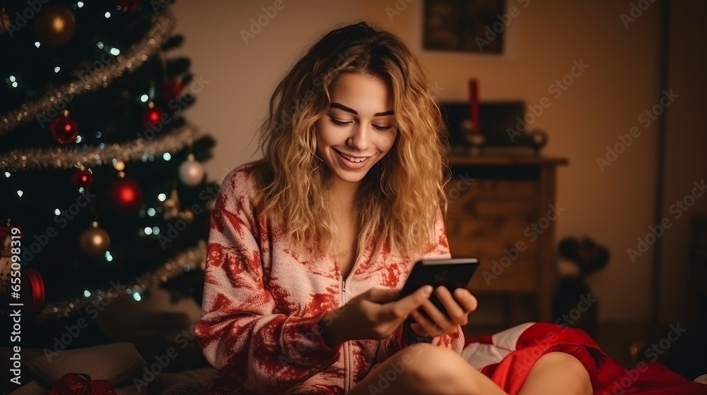 Young woman in pajamas in bed orders New Year's gifts during Christmas holidays at home using smartphone and credit card