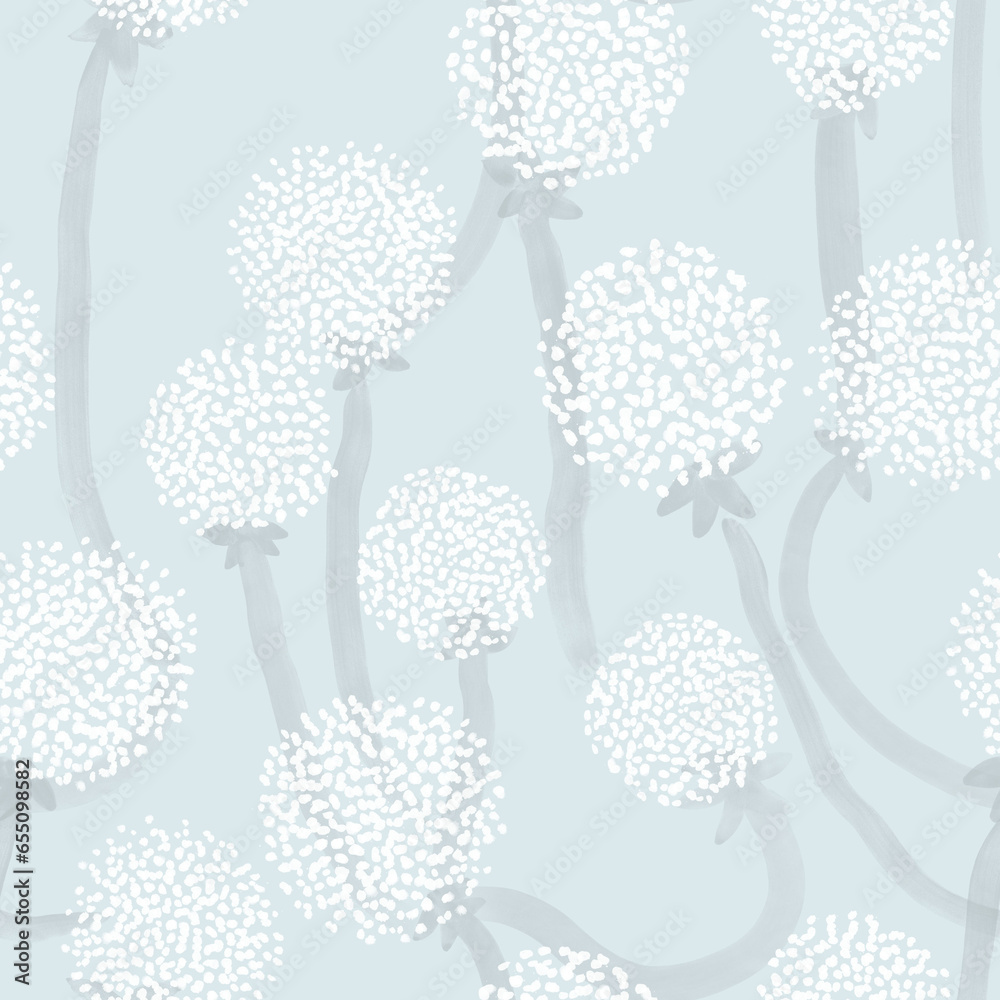 Hand drawn seamless pattern. Dandelions flowers and stems. Surface for textile, wallpaper, gift wrapping paper, decoration, card, print, wedding invitation, background.