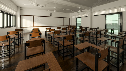 3D-rendered interior white classroom with lecture chairs and a table in the bright morning