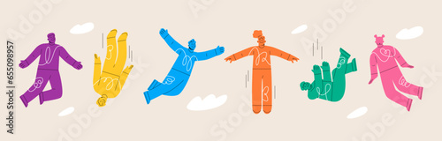 Men and women fly down independent future. Freedom people flying, floating in air. Colorful vector illustration