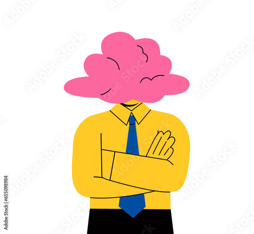 Business man with empty head and cloud instead.  Daydreaming, absent and impractical concept. Flat vector illustration isolated on white background