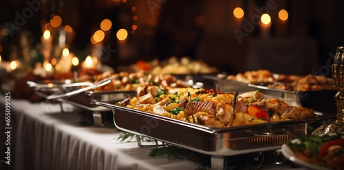 catering buffet food indoor in restaurant with meat colorful fruits and vegetables. photo