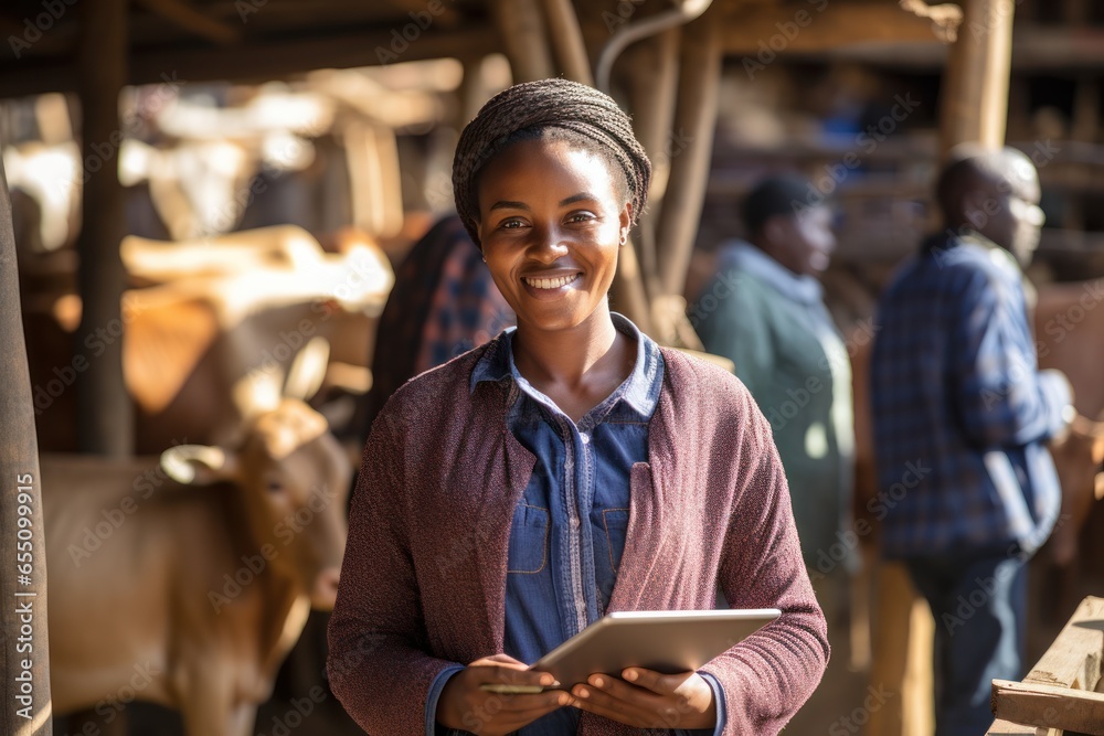 Beautiful African young woman worker working in a cow barn on the farm. Modern cow farmers work with tablets. - obrazy, fototapety, plakaty 