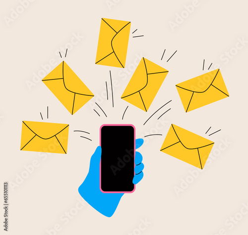 Mobile phone sends a lot of envelope letters symbol for email marketing. Colorful vector illustration