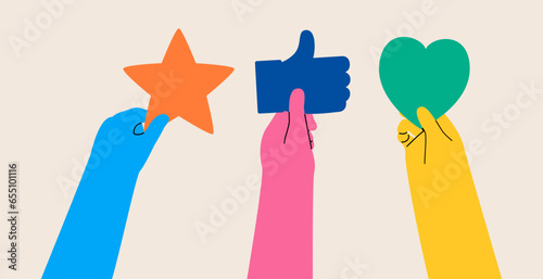 Human hands holding signs. Best performance, highest rating, vote, score five points. Colorful vector illustration