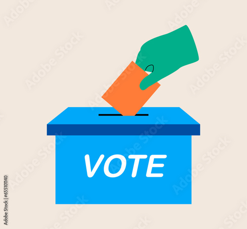 Voting concept put paper in ballot box. Colorful vector illustration