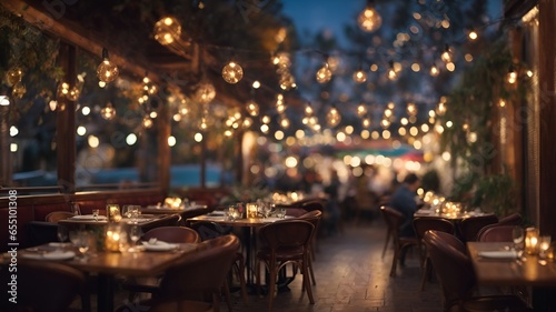 Blurred background of the restaurant with abstract bokeh light. Lights decoration Party Event Festival Holiday blur background. outdoor string lights. digital ai