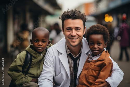 African health professional pediatrician wearing white medical suit and two young african kid boys smiling looking at camera in street of South Africa after examining, treating child health care