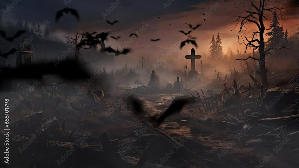 halloween night decorative with bat and moon background. seamless looping time-lapse virtual video animation background.	
