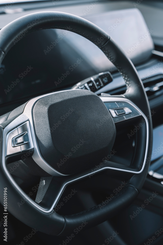 Car interior with auto dashboard panel. New automobile carbon cabin Car interior with auto dashboard panel. New automobile carbon cabin