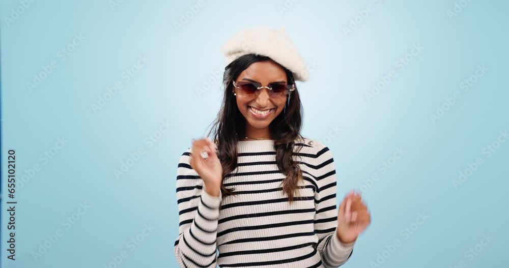 Smile, chef kiss and woman in studio isolated on a blue background mockup space. Portrait, excellence and Indian model with hand gesture for perfect, feedback and fashion sunglasses for cool style Smile, chef kiss and woman in studio isolated on a blue background mockup space. Portrait, excellence and Indian model with hand gesture for perfect, feedback and fashion sunglasses for cool style