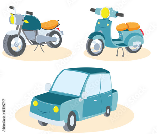 Set of three cartoon vehicles - motorcycle, scooter and car.