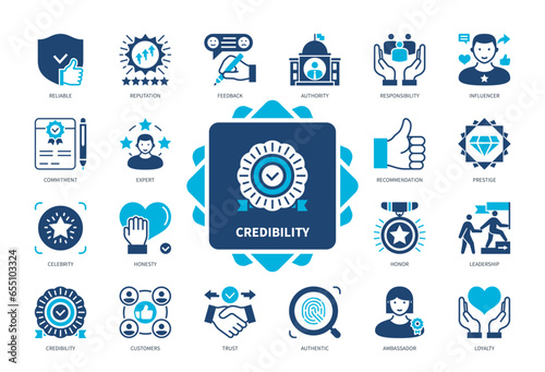 Credibility icon set. Commitment, Reputation, Reliable, Prestige, Responsibility, Recommendation, Authority, Honesty. Duotone color solid icons