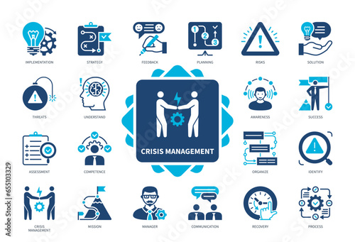 Crisis Management icon set. Identify, Implementation, Awareness, Recovery, Feedback, Strategy, Success, Assessment. Duotone color solid icons
