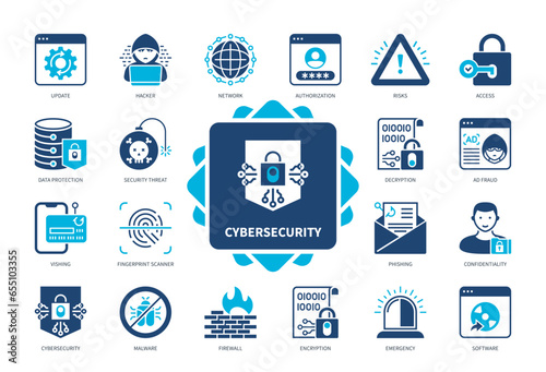 Cybersecurity icon set. Access, Hacker, Fingerprint Scanner, Firewall, Data Protection, Network, Software, Confidentiality. Duotone color solid icons