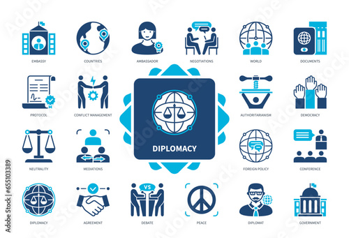Diplomacy icon set. Embassy, Ambassador, Negotiations, Foreign Policy, Government, Democracy, Neutrality, Peace. Duotone color solid icons