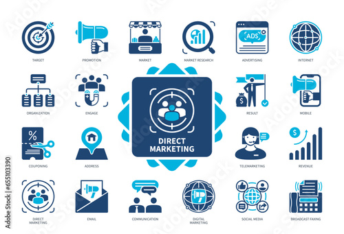 Direct Marketing icon set. Internet, Address, Broadcast Faxing, Revenue, Mobile, Advertising, Market Research, Email. Duotone color solid icons