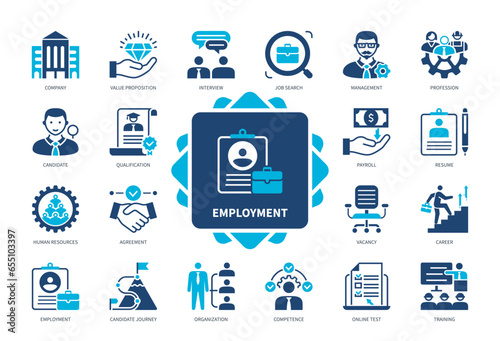 Employment icon set. Job Search, Value Proposition, Resume, Interview, Qualification, Profession, Agreement, Career. Duotone color solid icons
