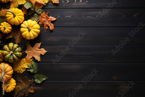 Festive Autumn Decor on Black Wooden Background  Pumpkin aand Leaves on Dark Wood