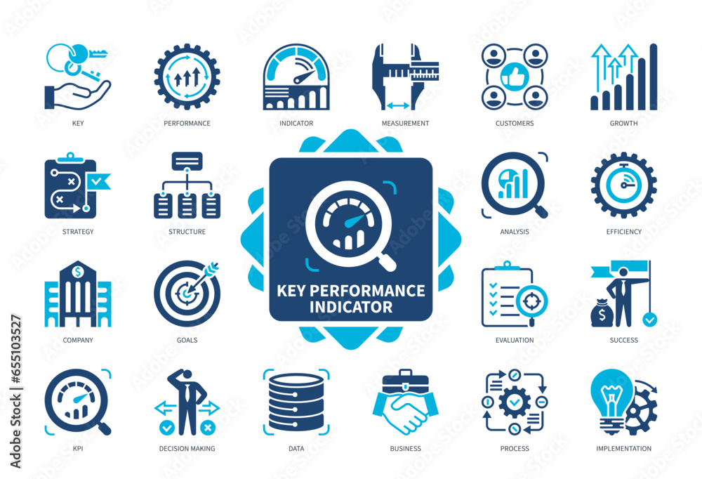 Key Performance icon set. Performance, Efficiency, Evaluation, Implementation, Strategy, Decision Making, Growth, Measurement. Duotone color solid icons - obrazy, fototapety, plakaty 
