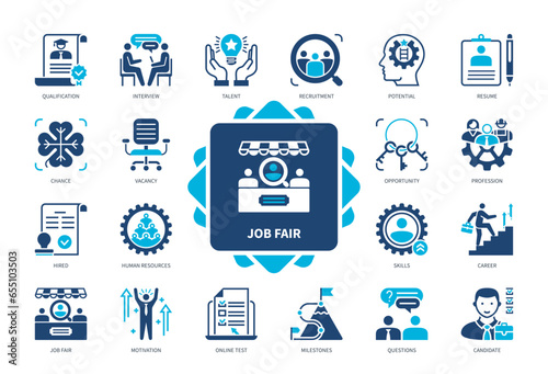 Job Fair icon set. Resume, Vacancy, Motivation, Interview, Human Resources, Profession, Candidate, Recruitment. Duotone color solid icons