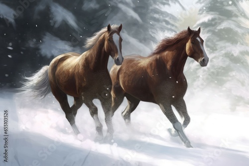 Horses winter field forest. Active landscape. Generate Ai