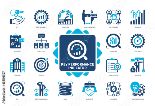 Key Performance icon set. Performance, Efficiency, Evaluation, Implementation, Strategy, Decision Making, Growth, Measurement. Duotone color solid icons