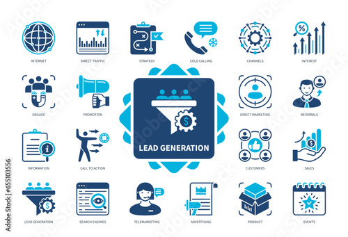 Lead Generation icon set. Call to Action, Cold Calls, Channels, Direct Traffic, Internet, Events, Interest, Referrals. Duotone color solid icons