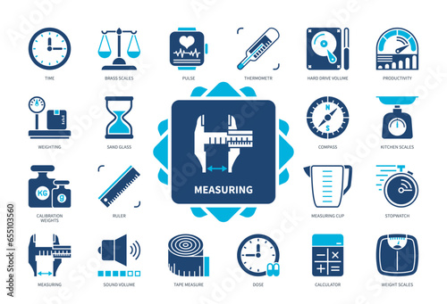 Measuring icon set. Stopwatch, Dose, Scales, Weighting, Time, Productivity, Calculator, Ruler. Duotone color solid icons