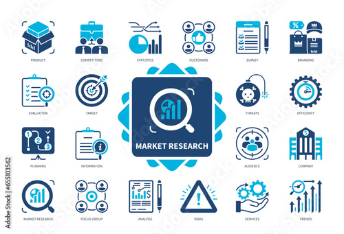 Market Research icon set. Branding, Survey, Statistics, Customer, Analysis, Product, Focus Group, Evaluation. Duotone color solid icons