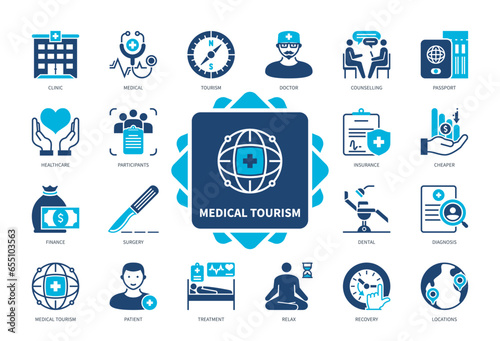Medical Tourism icon set. Clinic, Treatment, Dental, Surgery, Recovery, Relax, Doctor, Healthcare. Duotone color solid icons