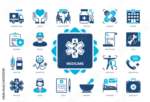 Medicare icon set. Hospital, Doctor, Costs, Consultation, Emergency Car, Health, Medicine, Insurance. Duotone color solid icons