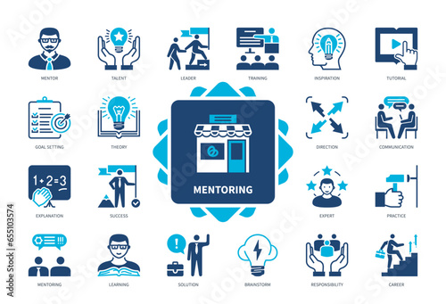 Mentoring icon set. Communication, Mentor, Brainstorm, Learning, Goal Setting, Inspiration, Tutorial, Career. Duotone color solid icons