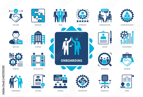 Onboarding icon set. Employee, Integration, Human Resources, Workplace, welcome, Experience, Company, Training. Duotone color solid icons