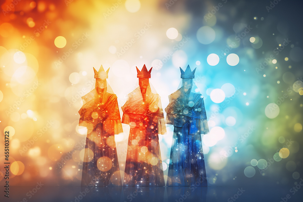 Silhouettes of Tres Reyes Magos  ( Three Wise Men) on colorful background with bokeh . Epiphany or Dia de Reyes Magos celebration cocnept - obrazy, fototapety, plakaty 