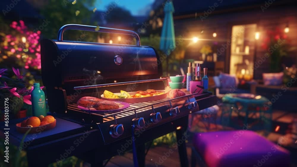 A backyard  barbecue party with a grill sizzling with burgers and skewers animation background with anime or cartoon style. seamless looping time-lapse virtual video animation background.	