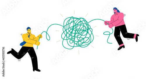 Business man  and business woman untangle untangle tangled threads solve problems together. Flat vector illustration isolated on white background