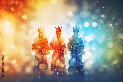 Tela Silhouettes of Tres Reyes Magos  ( Three Wise Men) on colorful background with bokeh
